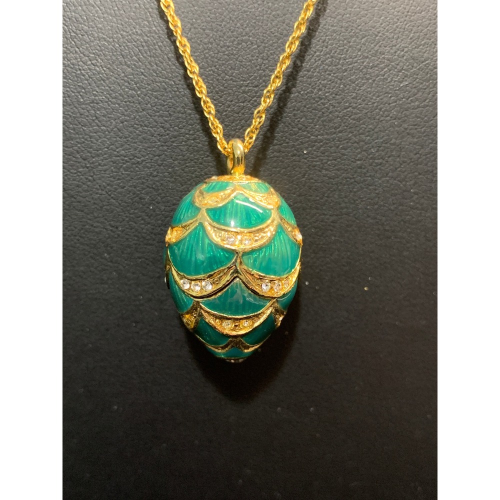 Keren Kopal Teal Green Enamel Faberge Style Egg Pendant Necklace Gold Tone 17"